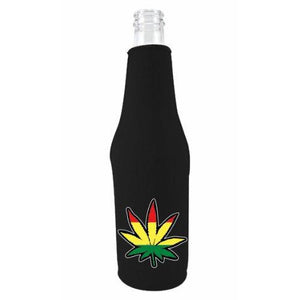 black beer bottle koozie with rasta leaf design