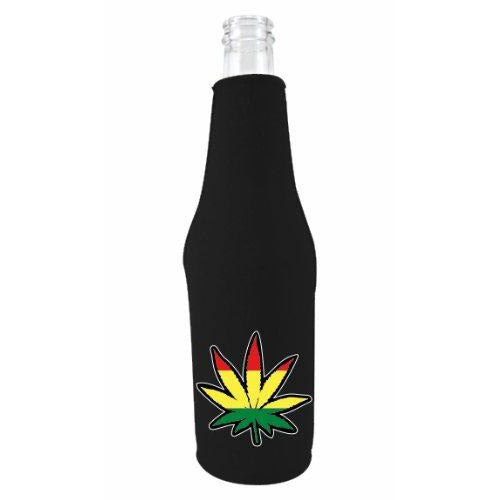 black beer bottle koozie with rasta leaf design