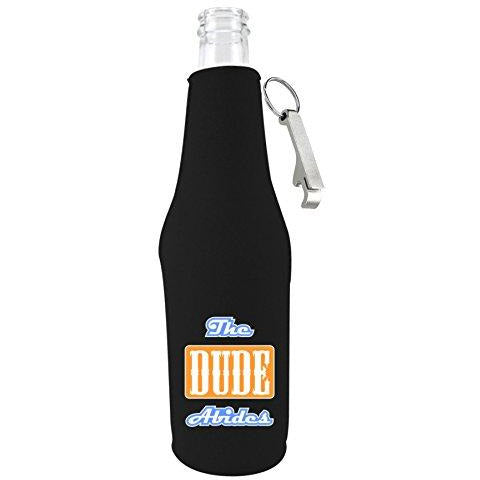 black zipper beer bottle koozie with opener and the dude abides design 