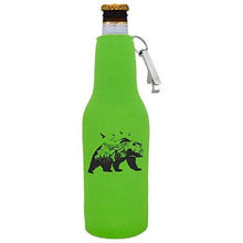 Load image into Gallery viewer, bright green beer bottle koozie with opener and mountain bear graphic design
