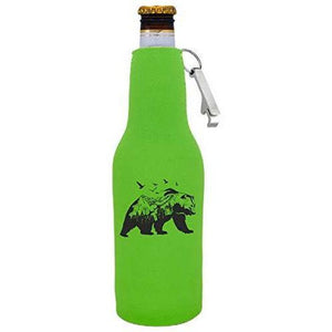 bright green beer bottle koozie with opener and mountain bear graphic design