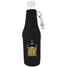 Load image into Gallery viewer, beer bottle koozie with opener with i mustache you for a beer design
