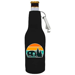 zipper beer bottle with opener koozie with retro camper design 