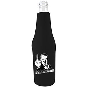 black zipper beer bottle koozie with im retired design 