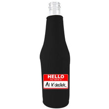 Load image into Gallery viewer, black zipper beer bottle koozie with hello my name is al kohollek design 
