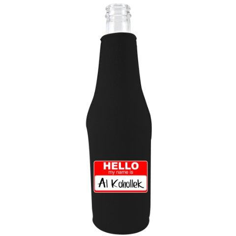 black zipper beer bottle koozie with hello my name is al kohollek design 