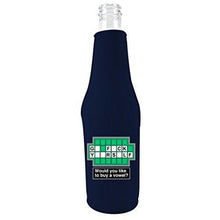 Load image into Gallery viewer, navy zipper beer bottle koozie with go f yourself design 
