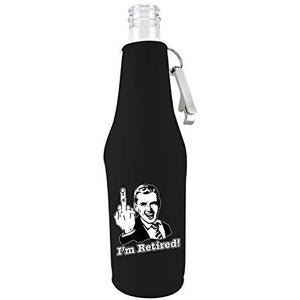 black zipper beer bottle koozie with opener and im retired design