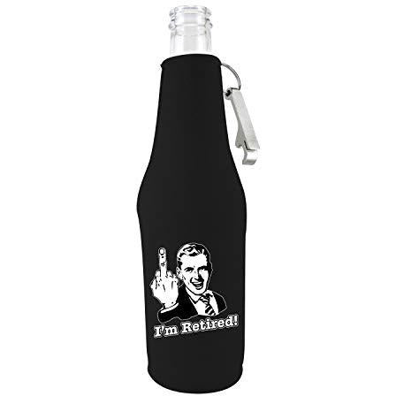 black zipper beer bottle koozie with opener and im retired design