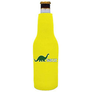 yellow zipper beer bottle koozie with dinosaur design