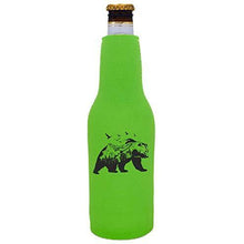 Load image into Gallery viewer, bright green beer bottle koozie with mountain bear graphic design
