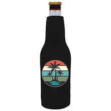 Load image into Gallery viewer, zipper beer bottle koozie with retro palm trees design 
