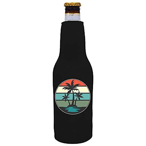 zipper beer bottle koozie with retro palm trees design 