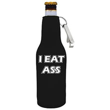 Load image into Gallery viewer, black zipper beer bottle koozie with opener and i eat ass design 
