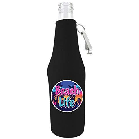 Beach Life Zipper Beer Bottle Coolie With Opener