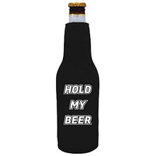 Load image into Gallery viewer, black zipper beer bottle koozie with funny hold my beer design 
