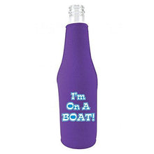 Load image into Gallery viewer, purple beer bottle koozie with &quot;i&#39;m on a boat&quot; funny text design
