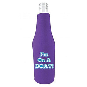 purple beer bottle koozie with "i'm on a boat" funny text design