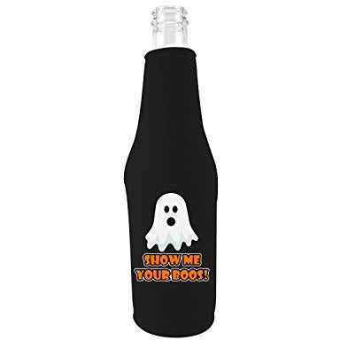 black zipper beer bottle koozie with show me your boos design 