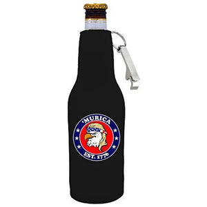 black beer bottle koozie with opener and "’Murica 1776" logo and bald eagle mullet funny design