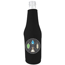 Load image into Gallery viewer, black beer bottle koozie with graphics of the ingredients of beer (water, hops, yeast, barley) design
