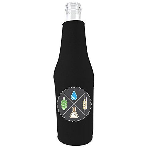 black beer bottle koozie with graphics of the ingredients of beer (water, hops, yeast, barley) design