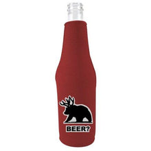 Load image into Gallery viewer, burgundy zipper beer bottle koozie with beer bear design  
