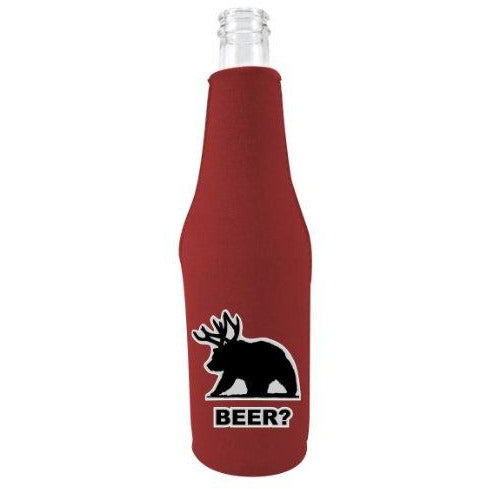 burgundy zipper beer bottle koozie with beer bear design  