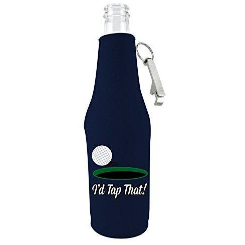 navy blue beer bottle koozie with opener and 
