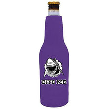 Load image into Gallery viewer, purple beer bottle koozie with shark illustration and &quot;bite me&quot; text design
