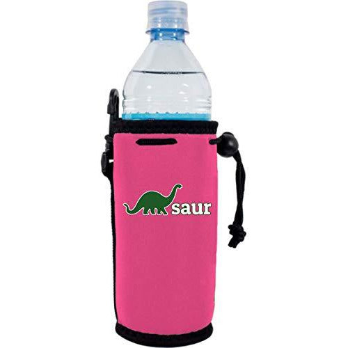 hot pink water bottle koozie with dinosaur graphic and dino-saur text