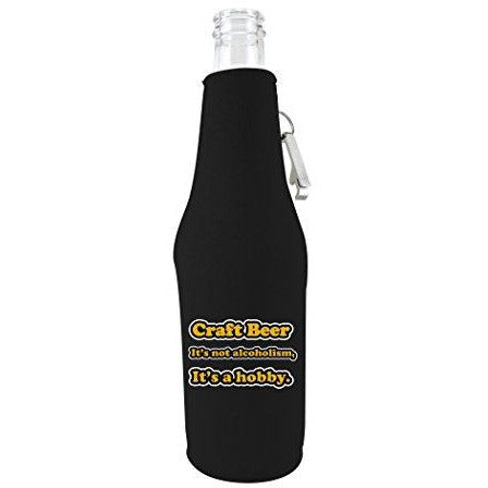 black zipper bottle koozie with opener and craft beer its not alchoholism its a hobby design 