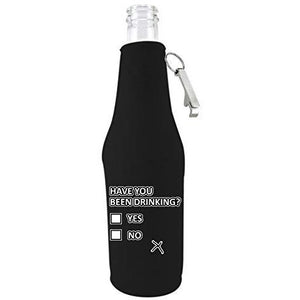 black zipper beer bottle koozie with opener and funny have you been drinking design 