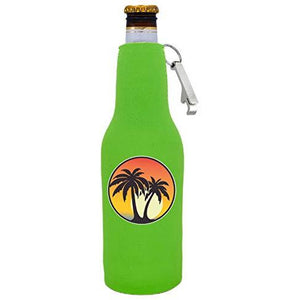 Palm Tree Sunset Beer Bottle Coolie with Opener Attached
