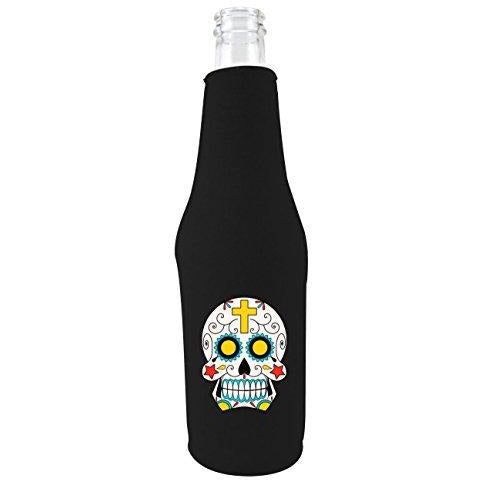 black zipper beer bottle koozie with sugar skull design 