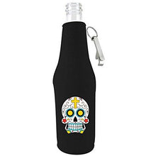 Load image into Gallery viewer, black zipper beer bottle with opener and sugar skull design 
