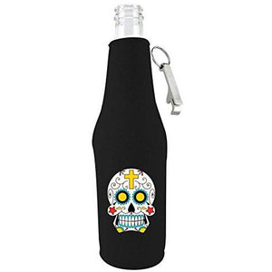 black zipper beer bottle with opener and sugar skull design 