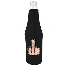 Load image into Gallery viewer, black beer bottle koozie with middle finger graphic design
