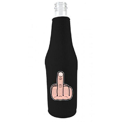 black beer bottle koozie with middle finger graphic design
