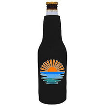 Load image into Gallery viewer, zipper beer bottle koozie with retro sunset design 
