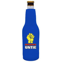 Load image into Gallery viewer, royal blue zipper beer bottle koozie with Dyslexics Untie design 
