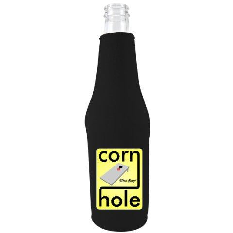 beer bottle koozie with corn hole design