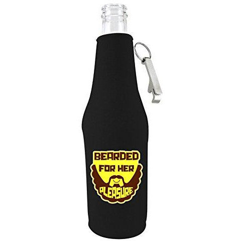 black zipper beer bottle koozie with opener and funny bearded for her pleasure design