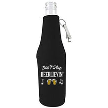 Load image into Gallery viewer, black beer bottle koozie with opener and &quot;don&#39;t stop beerlievin&#39;&quot; text and beer mugs and music notes design

