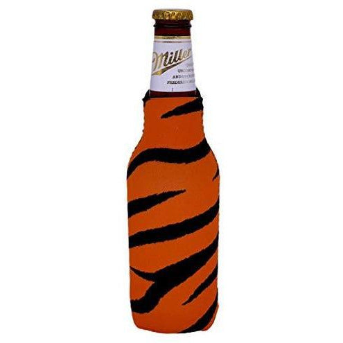 beer bottle koozie with tiger stripes all over print design