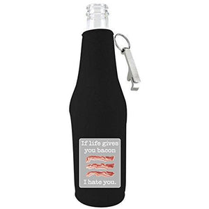 black beer bottle koozie with "life gives bacon" funny design