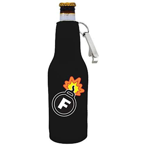 black beer bottle koozie with opener and f bomb funny design print