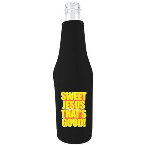black zipper beer bottle koozie with sweet jesus that's good beer design 