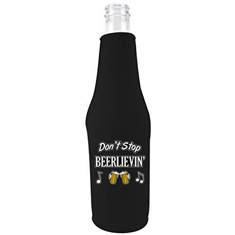 black zipper beer bottle koozie with don't stop beerlievin' design 