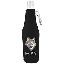 Load image into Gallery viewer, black zipper beer bottle koozie with opener and lone wolf design 
